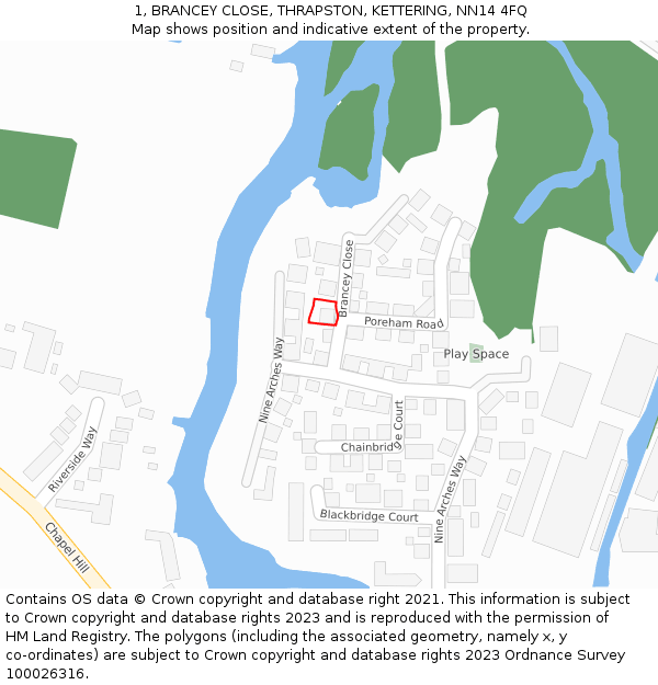 1, BRANCEY CLOSE, THRAPSTON, KETTERING, NN14 4FQ: Location map and indicative extent of plot