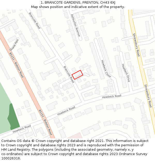 1, BRANCOTE GARDENS, PRENTON, CH43 6XJ: Location map and indicative extent of plot