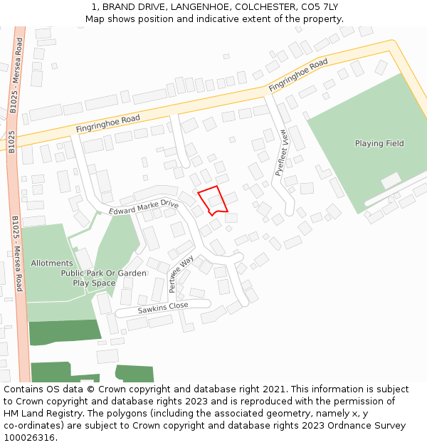 1, BRAND DRIVE, LANGENHOE, COLCHESTER, CO5 7LY: Location map and indicative extent of plot