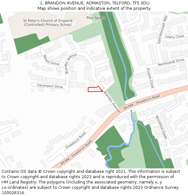 1, BRANDON AVENUE, ADMASTON, TELFORD, TF5 0DU: Location map and indicative extent of plot