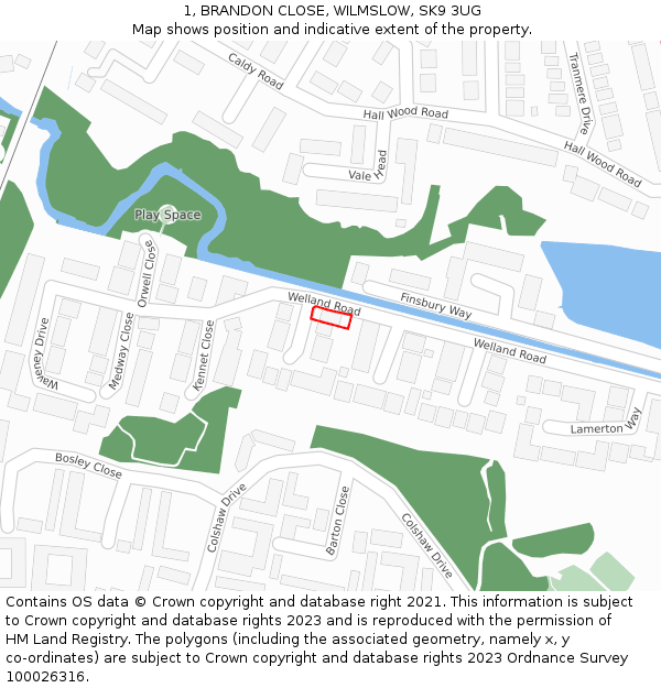 1, BRANDON CLOSE, WILMSLOW, SK9 3UG: Location map and indicative extent of plot