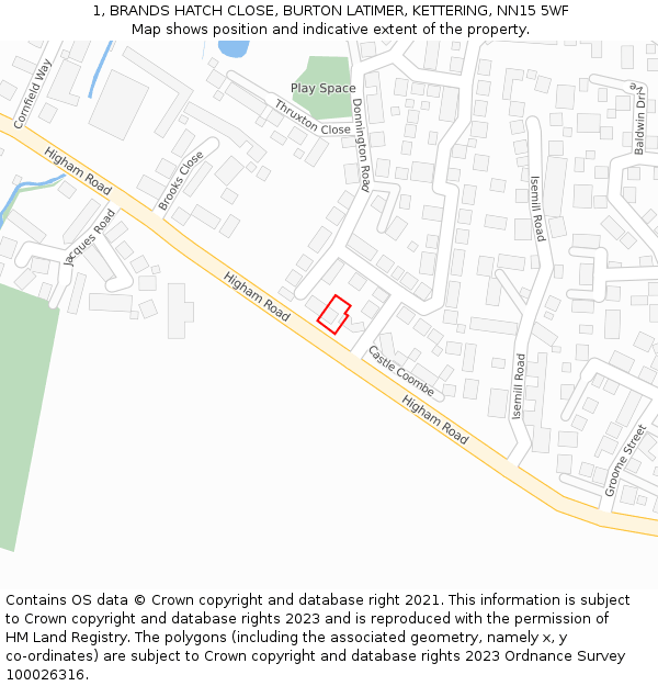 1, BRANDS HATCH CLOSE, BURTON LATIMER, KETTERING, NN15 5WF: Location map and indicative extent of plot