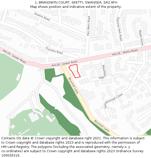 1, BRANGWYN COURT, SKETTY, SWANSEA, SA2 9FH: Location map and indicative extent of plot