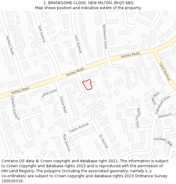 1, BRANKSOME CLOSE, NEW MILTON, BH25 6BQ: Location map and indicative extent of plot