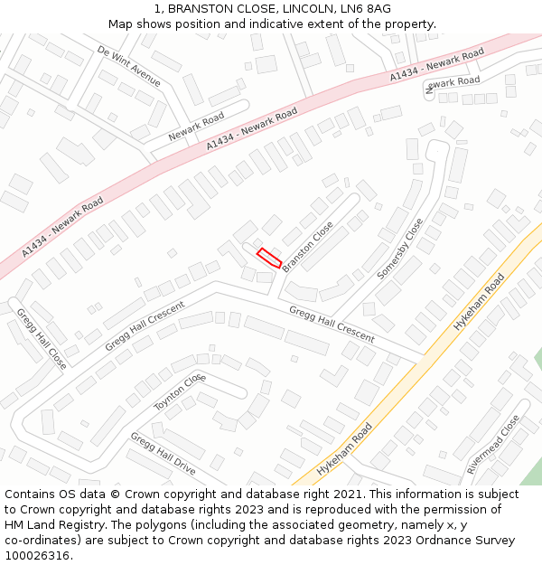 1, BRANSTON CLOSE, LINCOLN, LN6 8AG: Location map and indicative extent of plot