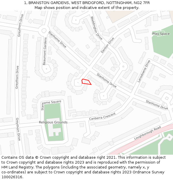 1, BRANSTON GARDENS, WEST BRIDGFORD, NOTTINGHAM, NG2 7FR: Location map and indicative extent of plot