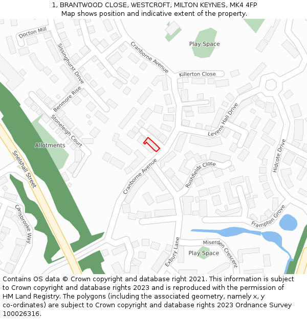 1, BRANTWOOD CLOSE, WESTCROFT, MILTON KEYNES, MK4 4FP: Location map and indicative extent of plot