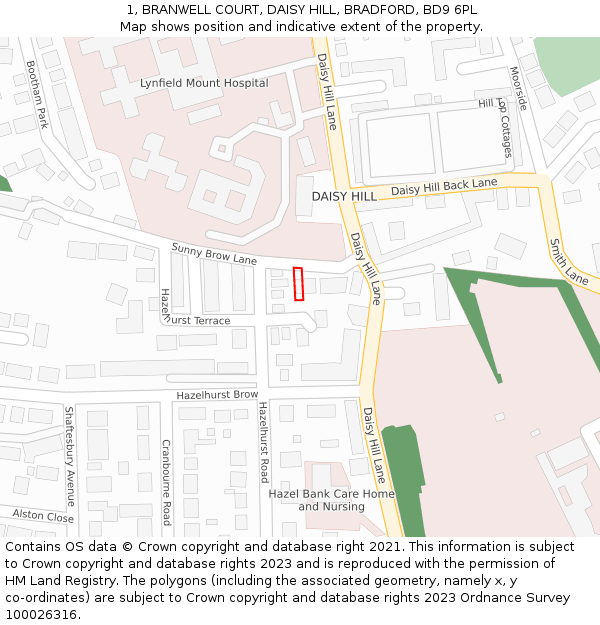 1, BRANWELL COURT, DAISY HILL, BRADFORD, BD9 6PL: Location map and indicative extent of plot