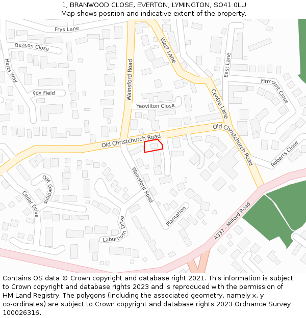 1, BRANWOOD CLOSE, EVERTON, LYMINGTON, SO41 0LU: Location map and indicative extent of plot