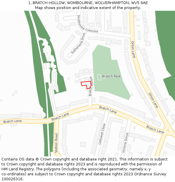 1, BRATCH HOLLOW, WOMBOURNE, WOLVERHAMPTON, WV5 9AE: Location map and indicative extent of plot