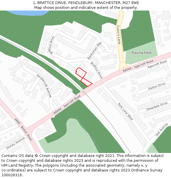 1, BRATTICE DRIVE, PENDLEBURY, MANCHESTER, M27 8WE: Location map and indicative extent of plot