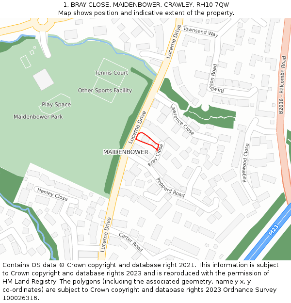 1, BRAY CLOSE, MAIDENBOWER, CRAWLEY, RH10 7QW: Location map and indicative extent of plot
