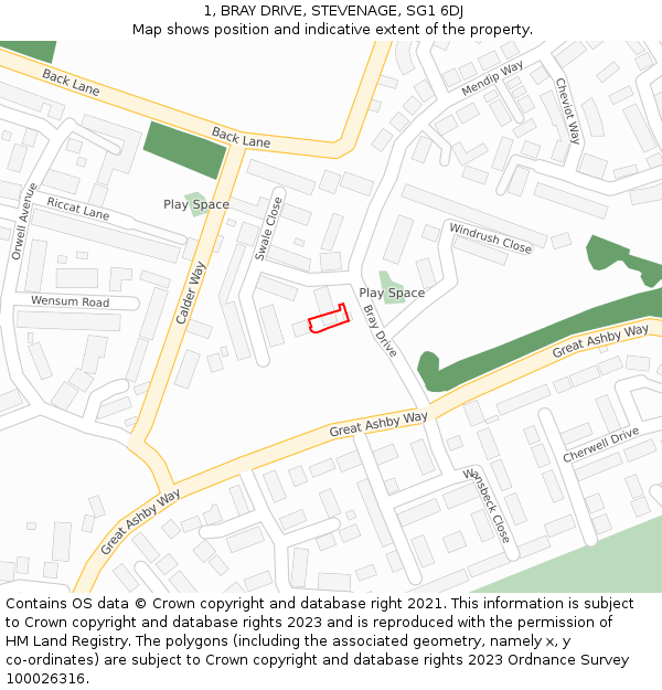 1, BRAY DRIVE, STEVENAGE, SG1 6DJ: Location map and indicative extent of plot