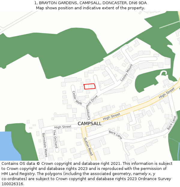 1, BRAYTON GARDENS, CAMPSALL, DONCASTER, DN6 9DA: Location map and indicative extent of plot