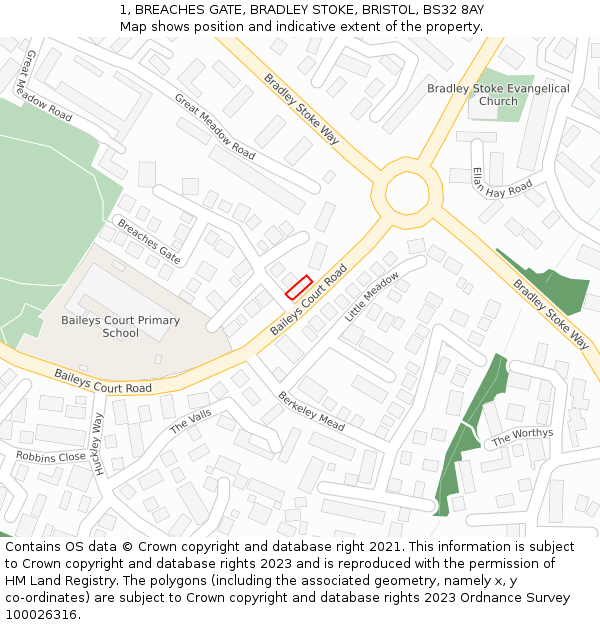 1, BREACHES GATE, BRADLEY STOKE, BRISTOL, BS32 8AY: Location map and indicative extent of plot