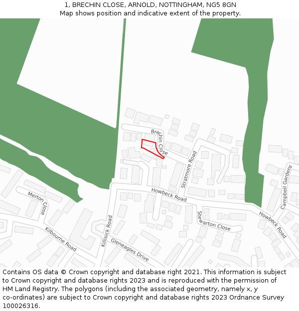 1, BRECHIN CLOSE, ARNOLD, NOTTINGHAM, NG5 8GN: Location map and indicative extent of plot