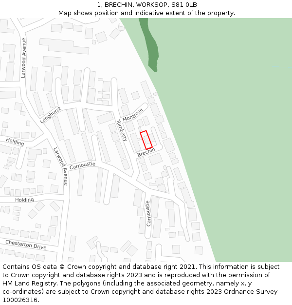 1, BRECHIN, WORKSOP, S81 0LB: Location map and indicative extent of plot