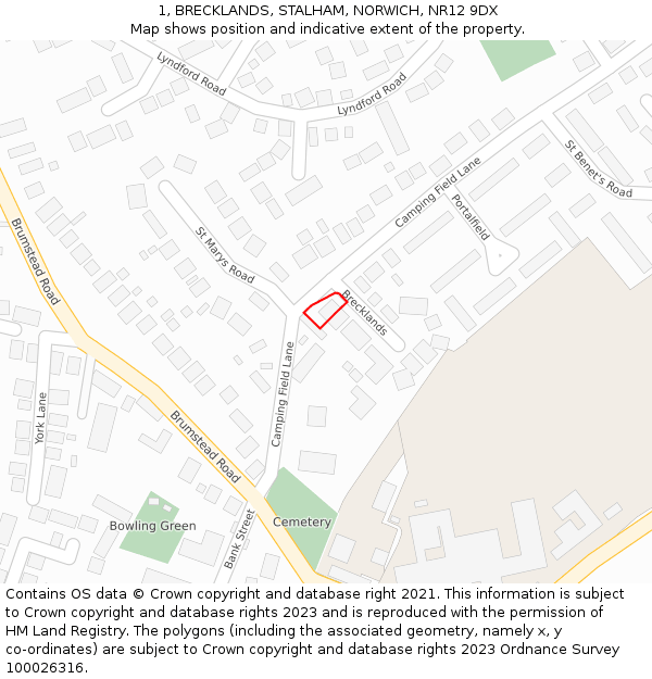 1, BRECKLANDS, STALHAM, NORWICH, NR12 9DX: Location map and indicative extent of plot