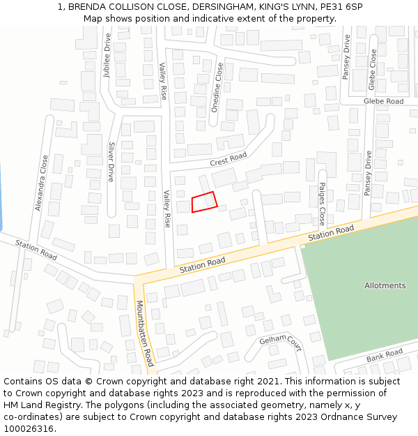 1, BRENDA COLLISON CLOSE, DERSINGHAM, KING'S LYNN, PE31 6SP: Location map and indicative extent of plot