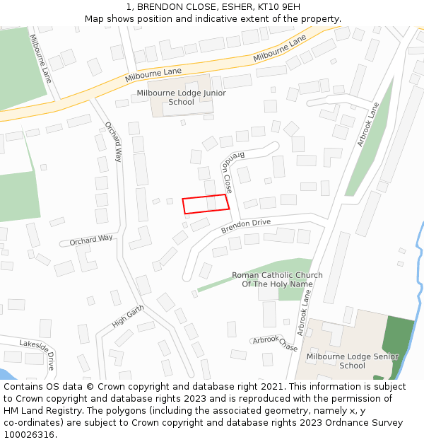 1, BRENDON CLOSE, ESHER, KT10 9EH: Location map and indicative extent of plot