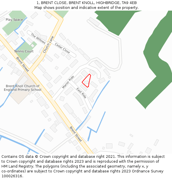 1, BRENT CLOSE, BRENT KNOLL, HIGHBRIDGE, TA9 4EB: Location map and indicative extent of plot