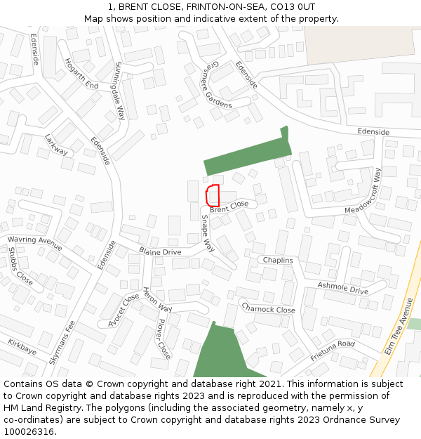 1, BRENT CLOSE, FRINTON-ON-SEA, CO13 0UT: Location map and indicative extent of plot