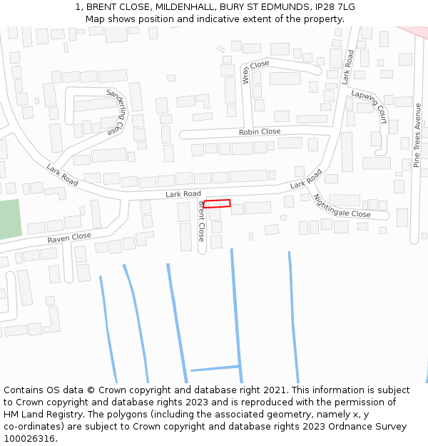 1, BRENT CLOSE, MILDENHALL, BURY ST EDMUNDS, IP28 7LG: Location map and indicative extent of plot