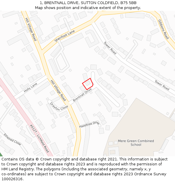 1, BRENTNALL DRIVE, SUTTON COLDFIELD, B75 5BB: Location map and indicative extent of plot