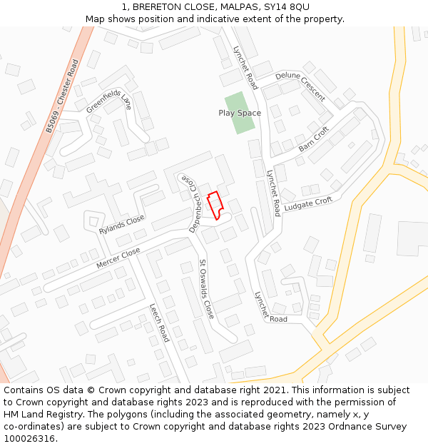 1, BRERETON CLOSE, MALPAS, SY14 8QU: Location map and indicative extent of plot