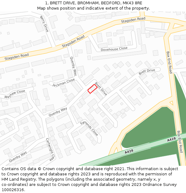 1, BRETT DRIVE, BROMHAM, BEDFORD, MK43 8RE: Location map and indicative extent of plot