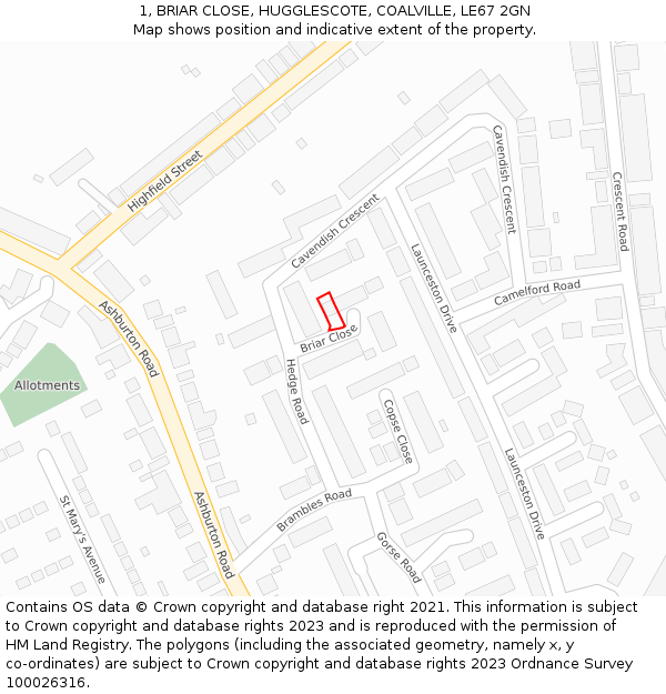 1, BRIAR CLOSE, HUGGLESCOTE, COALVILLE, LE67 2GN: Location map and indicative extent of plot