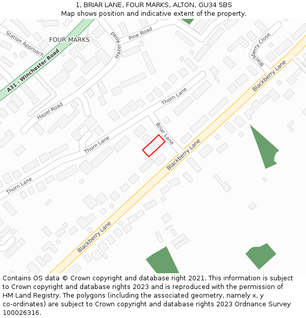 1, BRIAR LANE, FOUR MARKS, ALTON, GU34 5BS: Location map and indicative extent of plot
