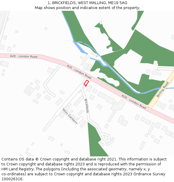 1, BRICKFIELDS, WEST MALLING, ME19 5AG: Location map and indicative extent of plot