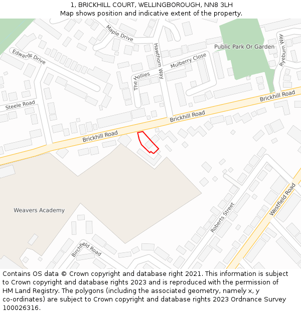 1, BRICKHILL COURT, WELLINGBOROUGH, NN8 3LH: Location map and indicative extent of plot