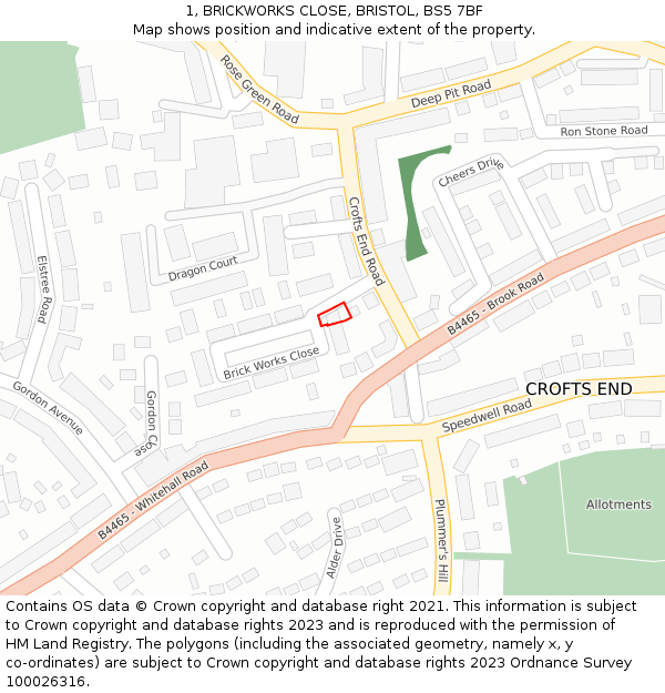 1, BRICKWORKS CLOSE, BRISTOL, BS5 7BF: Location map and indicative extent of plot