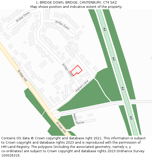 1, BRIDGE DOWN, BRIDGE, CANTERBURY, CT4 5AZ: Location map and indicative extent of plot