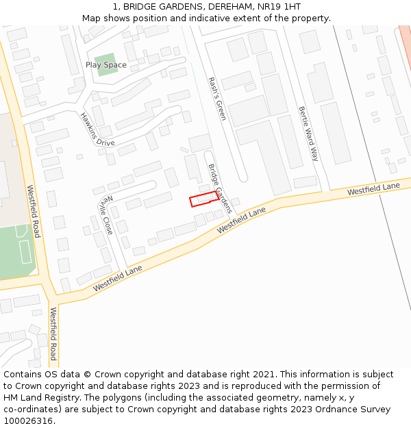 1, BRIDGE GARDENS, DEREHAM, NR19 1HT: Location map and indicative extent of plot