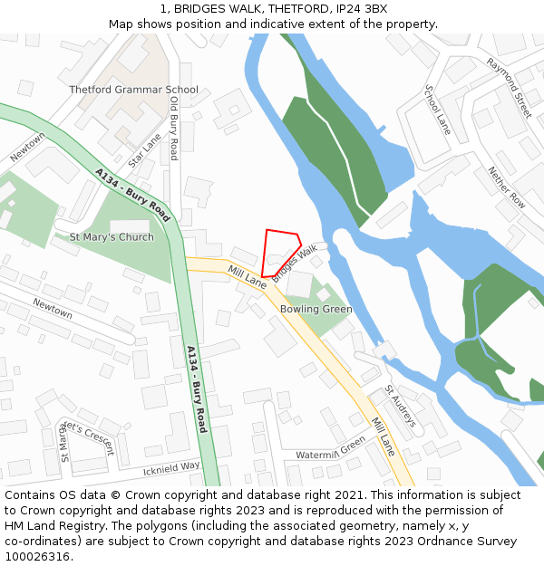 1, BRIDGES WALK, THETFORD, IP24 3BX: Location map and indicative extent of plot