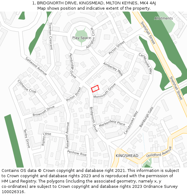 1, BRIDGNORTH DRIVE, KINGSMEAD, MILTON KEYNES, MK4 4AJ: Location map and indicative extent of plot