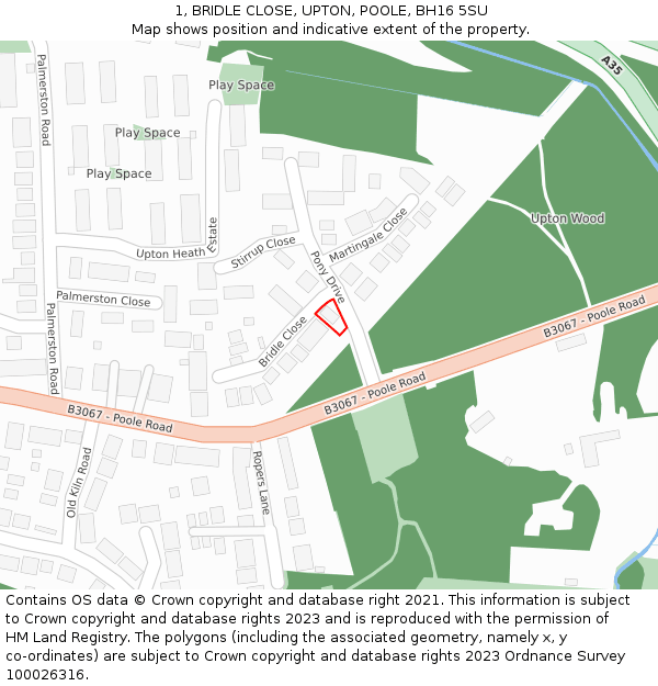 1, BRIDLE CLOSE, UPTON, POOLE, BH16 5SU: Location map and indicative extent of plot