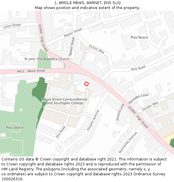1, BRIDLE MEWS, BARNET, EN5 5UQ: Location map and indicative extent of plot