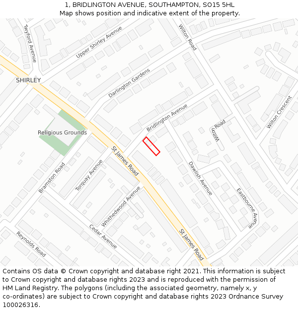 1, BRIDLINGTON AVENUE, SOUTHAMPTON, SO15 5HL: Location map and indicative extent of plot