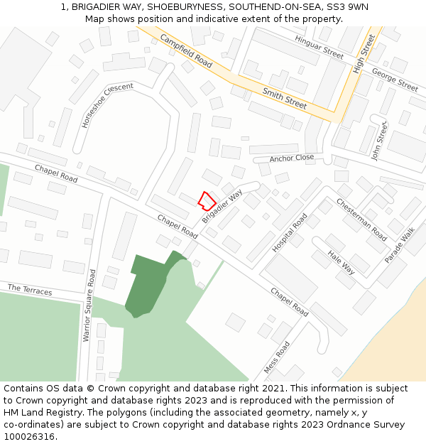 1, BRIGADIER WAY, SHOEBURYNESS, SOUTHEND-ON-SEA, SS3 9WN: Location map and indicative extent of plot