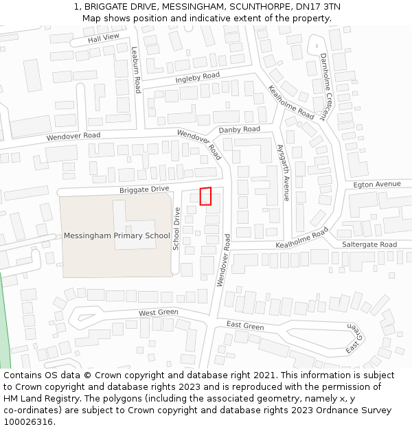 1, BRIGGATE DRIVE, MESSINGHAM, SCUNTHORPE, DN17 3TN: Location map and indicative extent of plot