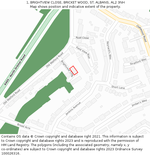 1, BRIGHTVIEW CLOSE, BRICKET WOOD, ST. ALBANS, AL2 3NH: Location map and indicative extent of plot