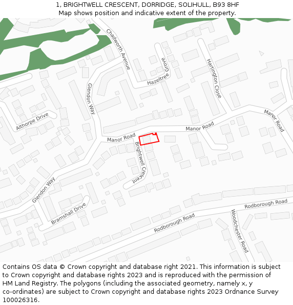 1, BRIGHTWELL CRESCENT, DORRIDGE, SOLIHULL, B93 8HF: Location map and indicative extent of plot