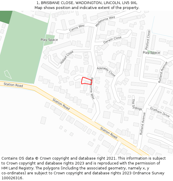 1, BRISBANE CLOSE, WADDINGTON, LINCOLN, LN5 9XL: Location map and indicative extent of plot