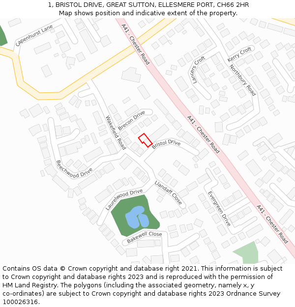 1, BRISTOL DRIVE, GREAT SUTTON, ELLESMERE PORT, CH66 2HR: Location map and indicative extent of plot