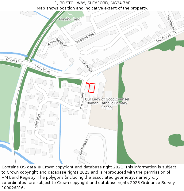 1, BRISTOL WAY, SLEAFORD, NG34 7AE: Location map and indicative extent of plot