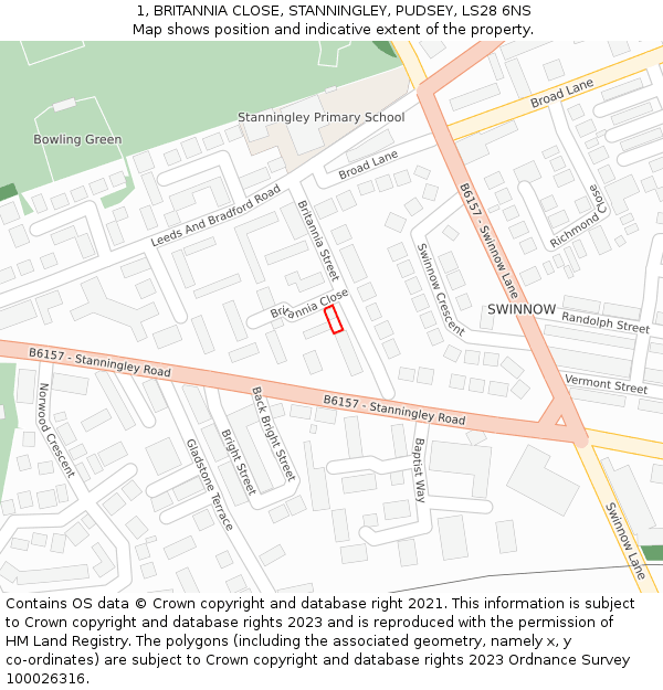 1, BRITANNIA CLOSE, STANNINGLEY, PUDSEY, LS28 6NS: Location map and indicative extent of plot